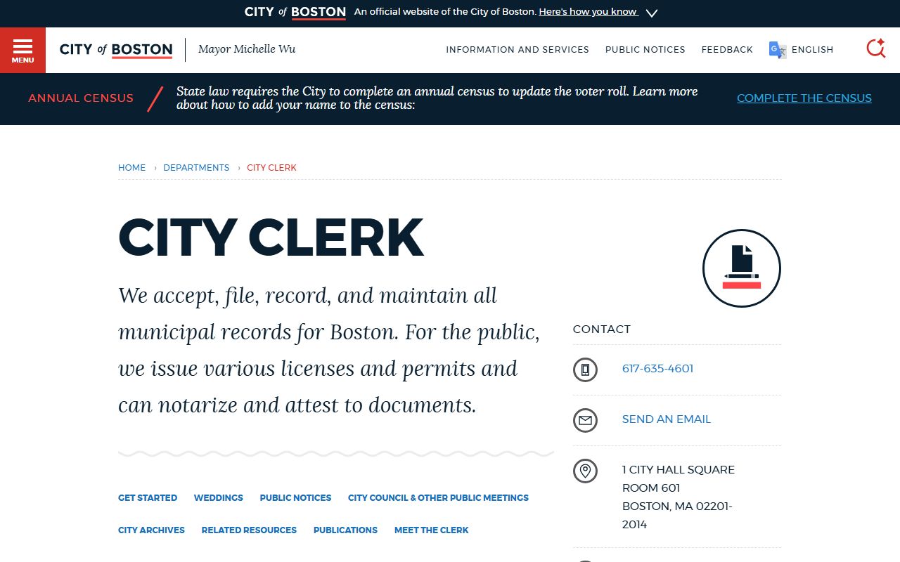 Boston City Clerk office website showing available records and contact details