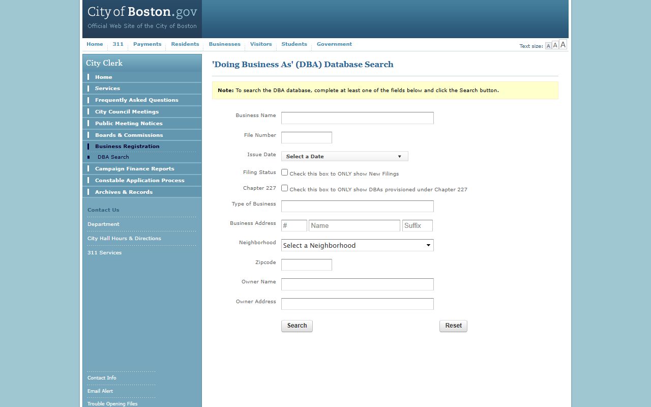 Boston DBA business certificate search portal showing search fields for business name, owner, and address