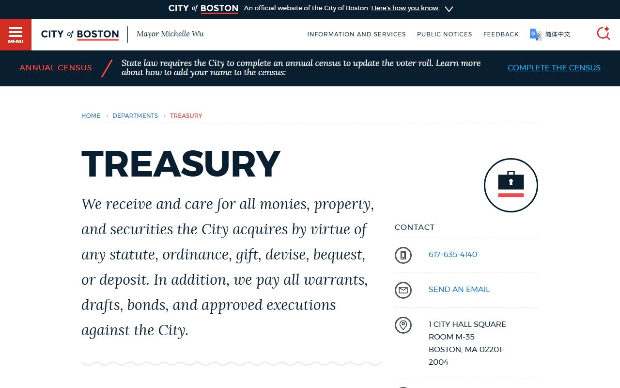 Boston City Treasury Department website showing department responsibilities and contact information