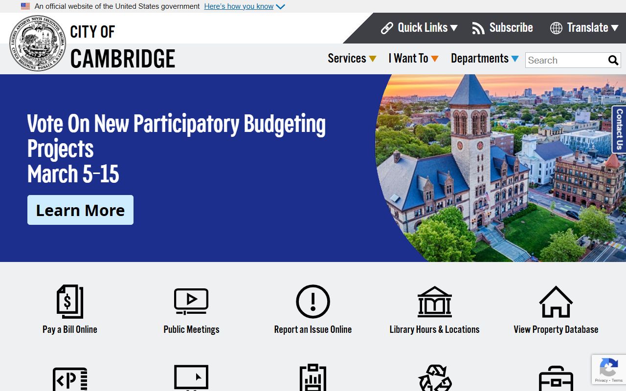 Cambridge Massachusetts city portal homepage showing city services and department links