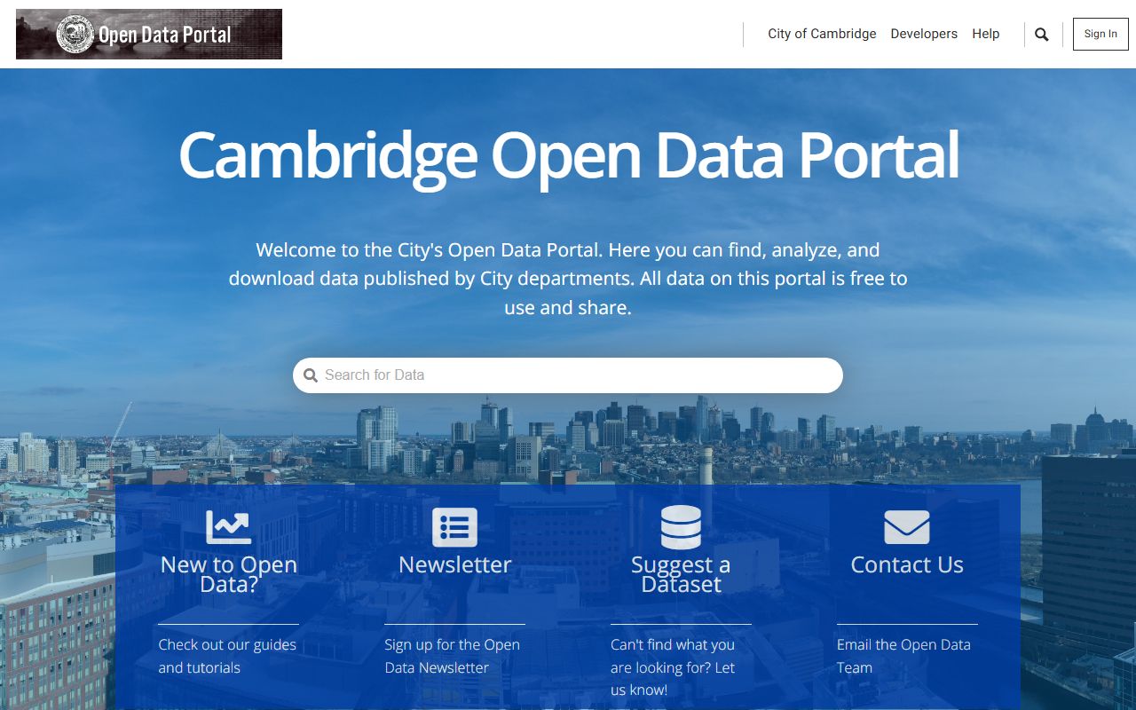 Cambridge open data portal showing property database search for fiscal year 2024 records