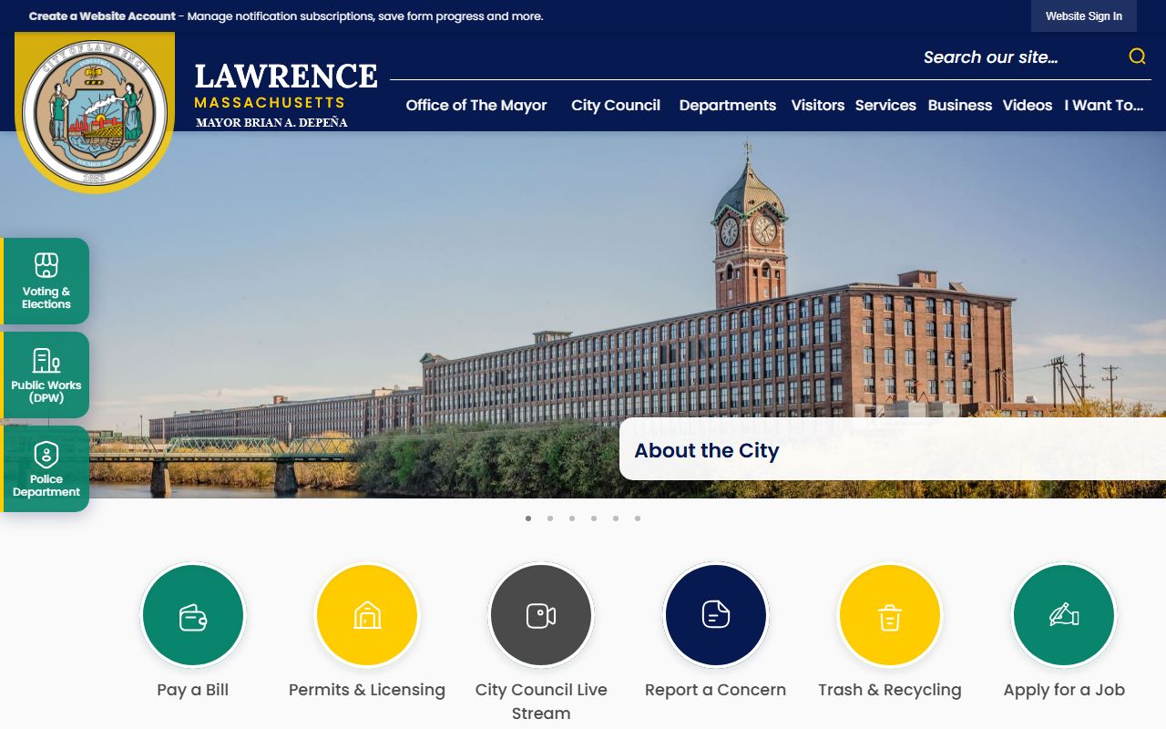 City of Lawrence Massachusetts website showing city services and contact portal