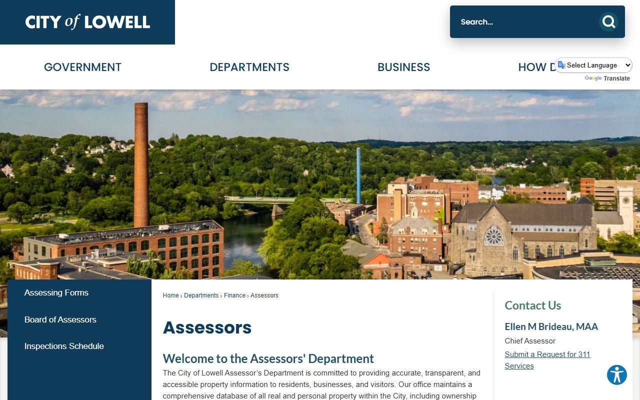 Lowell Board of Assessors department page showing property assessment services and contact information