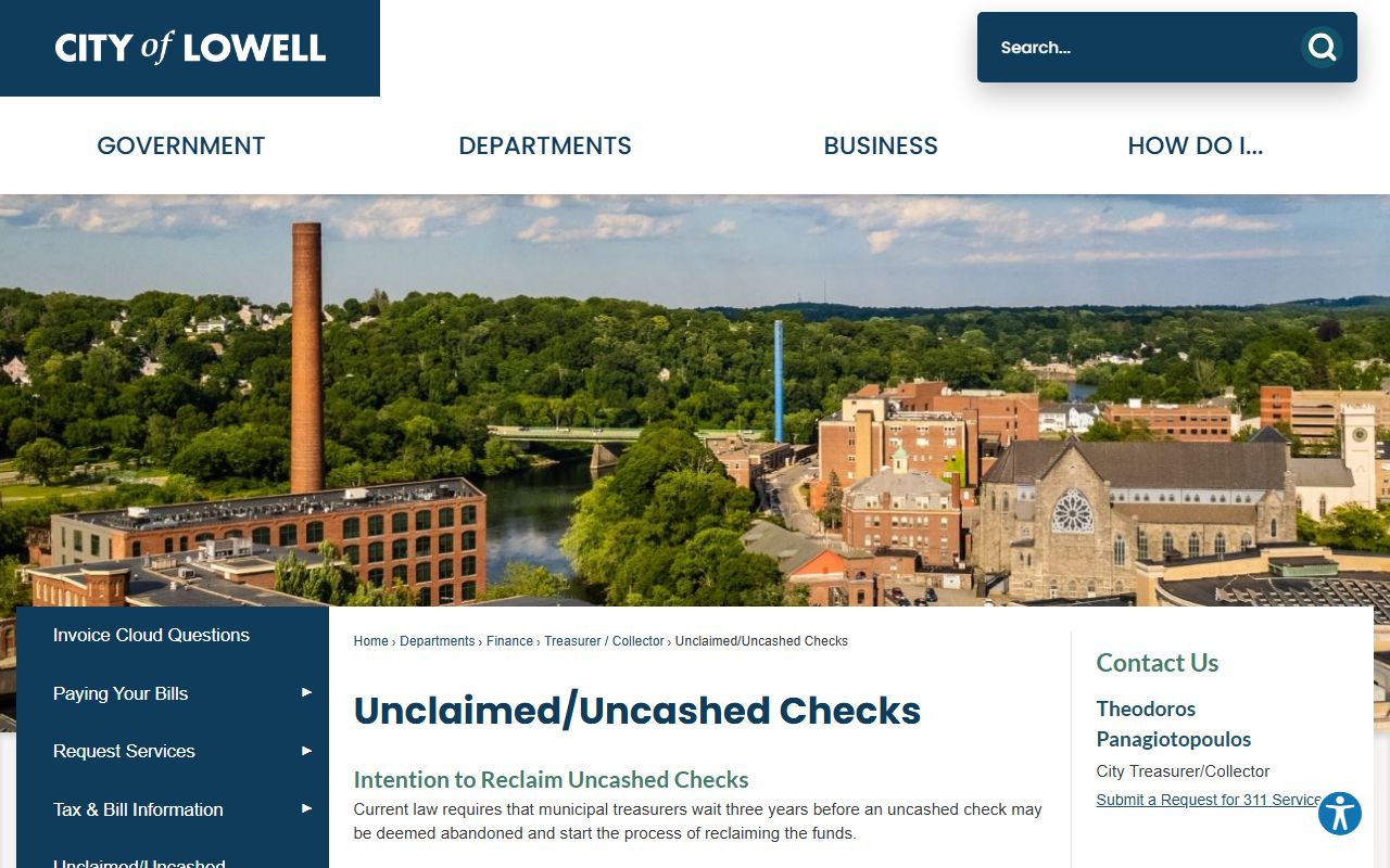 Lowell city treasurer uncashed checks page showing the municipal unclaimed funds program and active notice periods