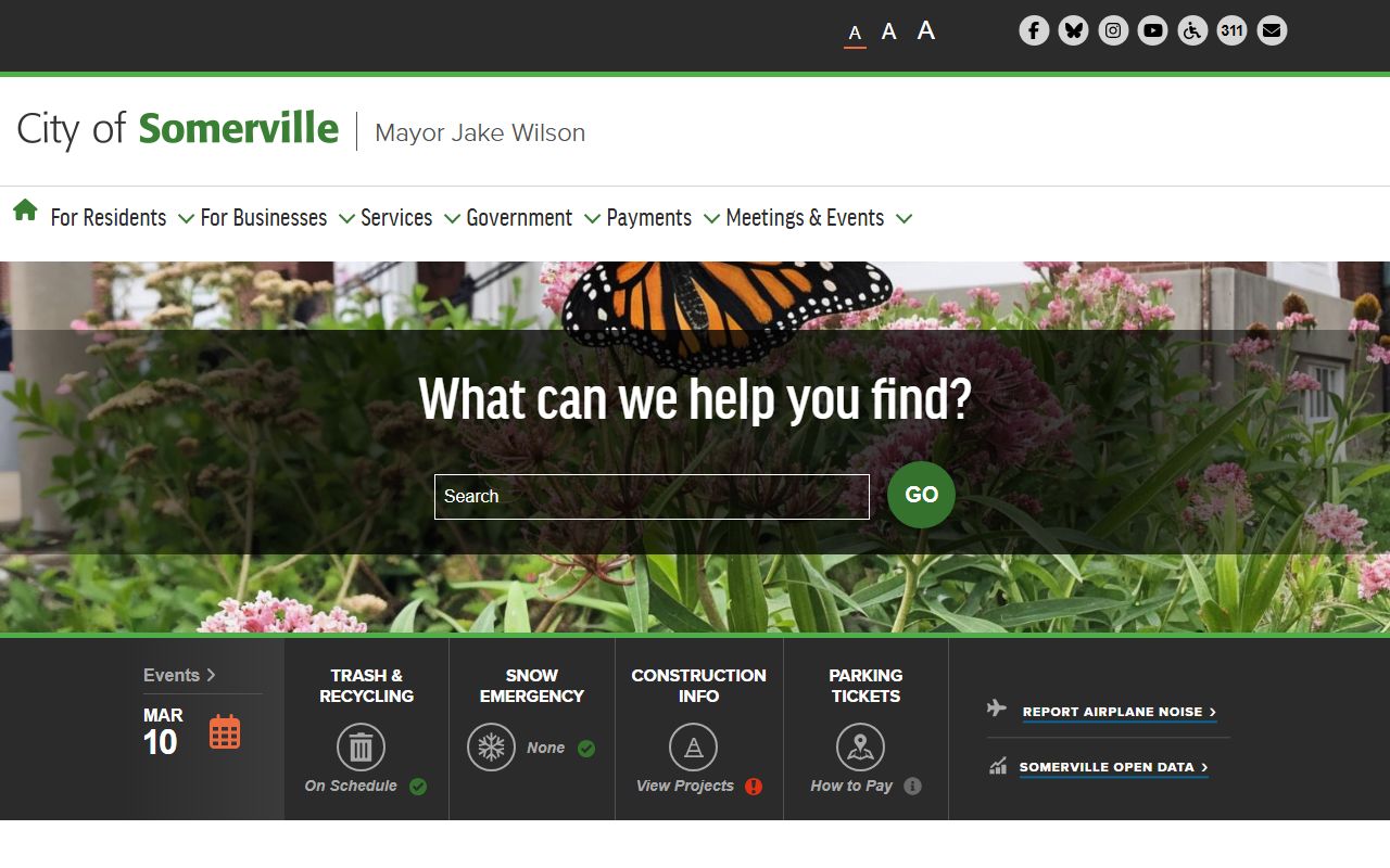 City of Somerville Massachusetts website showing local government services and records portal