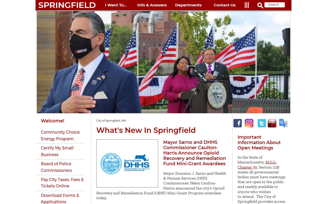 Springfield Massachusetts city portal homepage showing city services and contact information