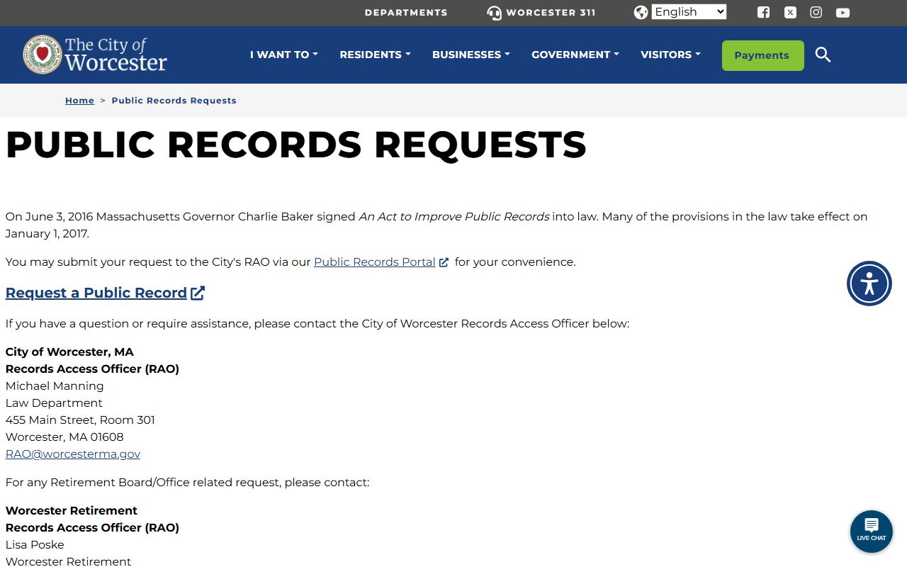 Worcester public records request page showing the process for submitting requests to the Law Department