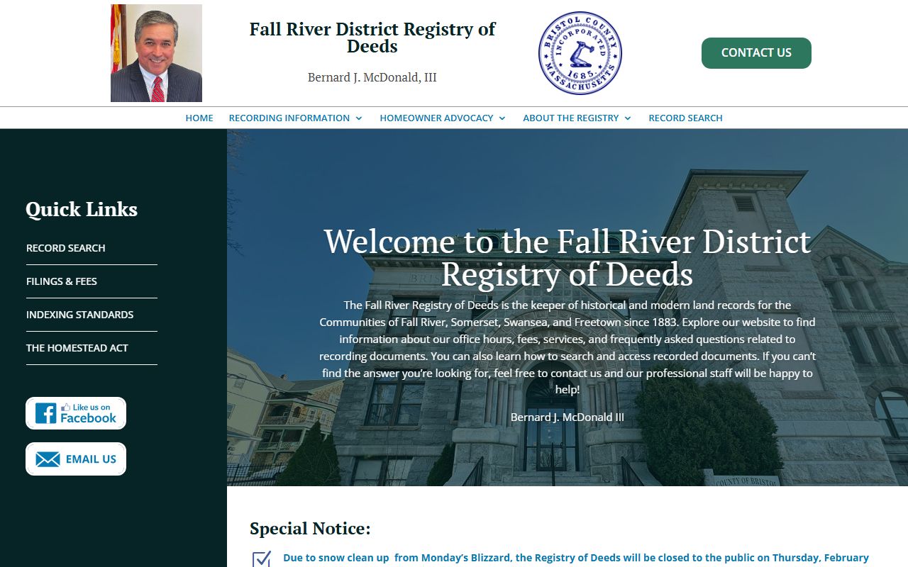 Fall River District Registry of Deeds website for Bristol County covering Fall River, Somerset, Swansea, and Freetown-Assonet