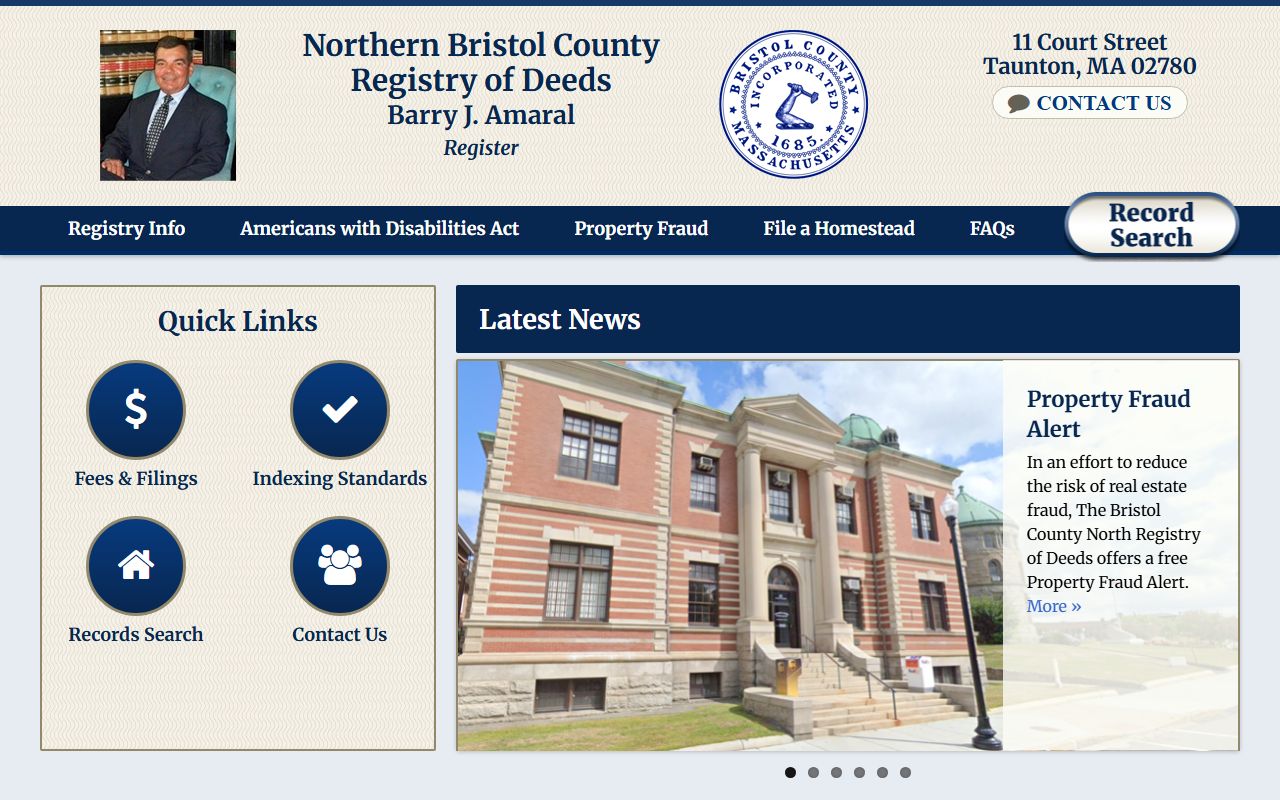 Northern Bristol County Registry of Deeds in Taunton, website showing deed search access for Bristol County unclaimed money research