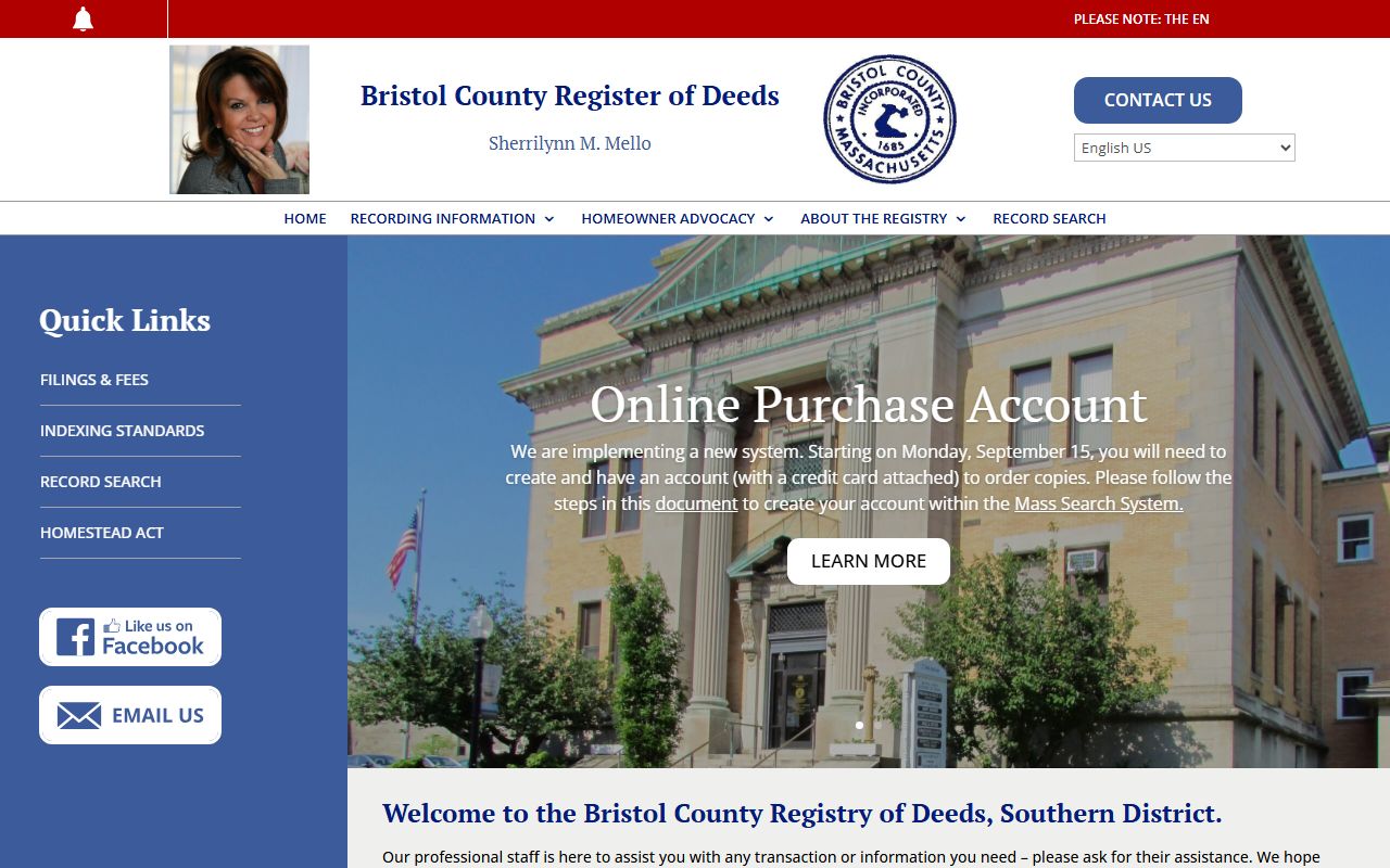 Southern Bristol County Registry of Deeds in New Bedford website covering New Bedford, Dartmouth, Fairhaven, Westport, and Acushnet