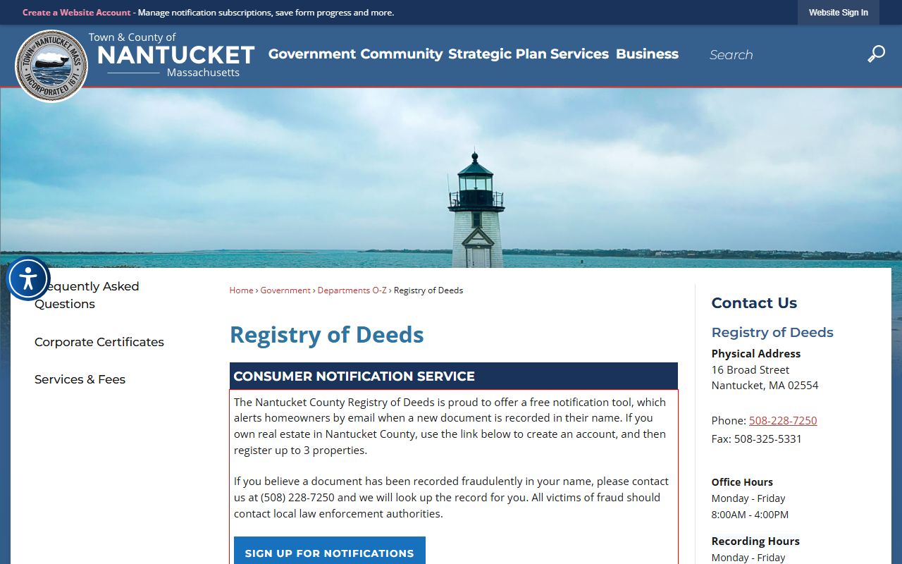 Nantucket County Registry of Deeds building where land records support unclaimed money claims