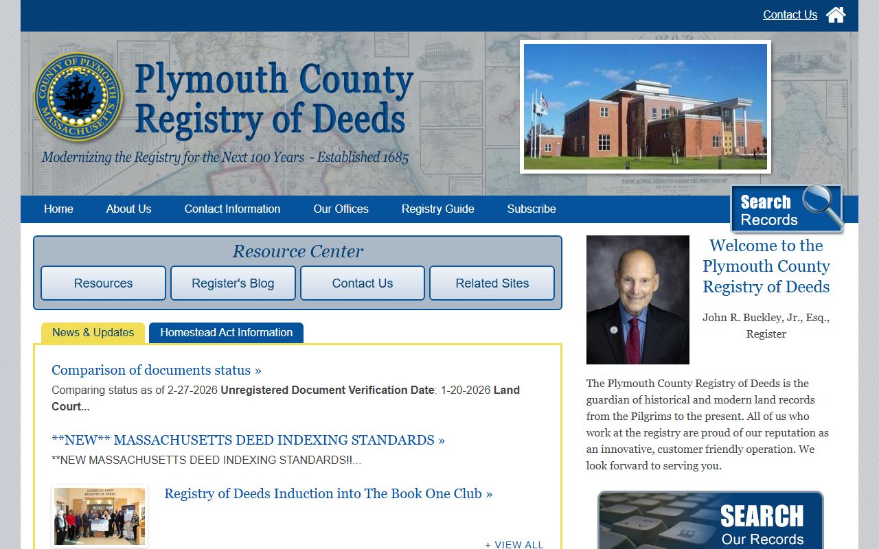 Plymouth County Registry of Deeds website showing land record search portal for Plymouth and surrounding towns