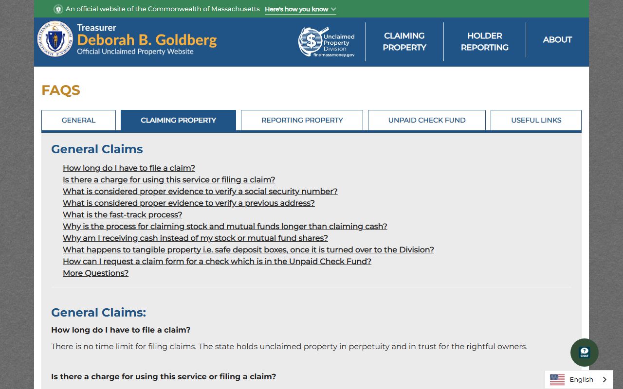 Massachusetts unclaimed money claiming FAQs at FindMassMoney.gov