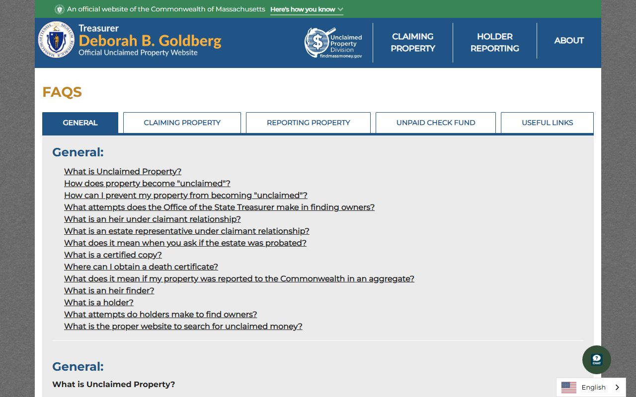 Massachusetts unclaimed money general FAQs at FindMassMoney.gov