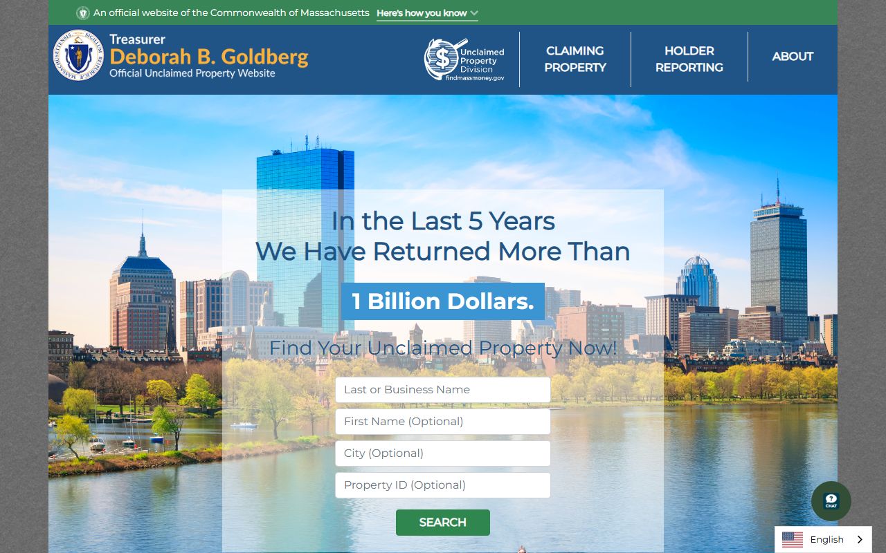 FindMassMoney.gov main homepage for Massachusetts unclaimed money
