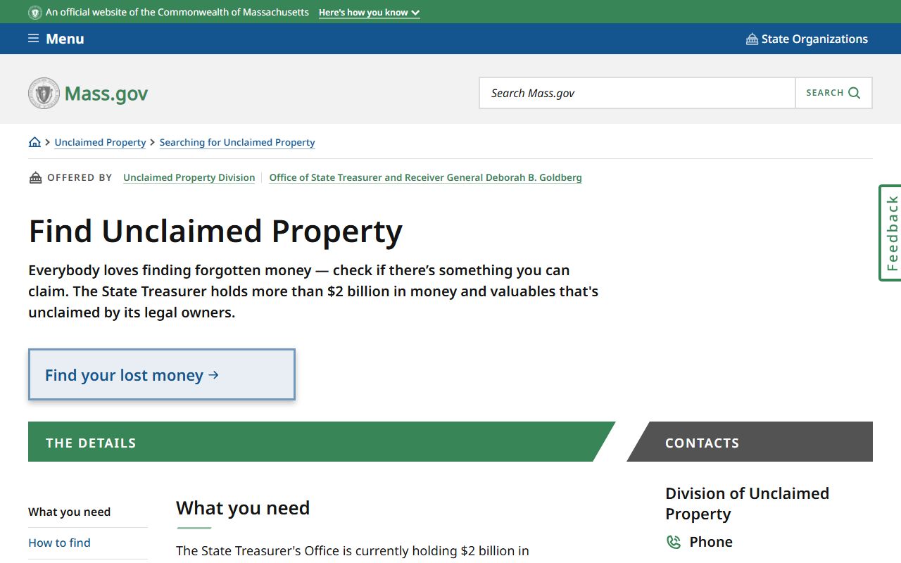 Massachusetts Mass.gov how-to page for finding unclaimed property
