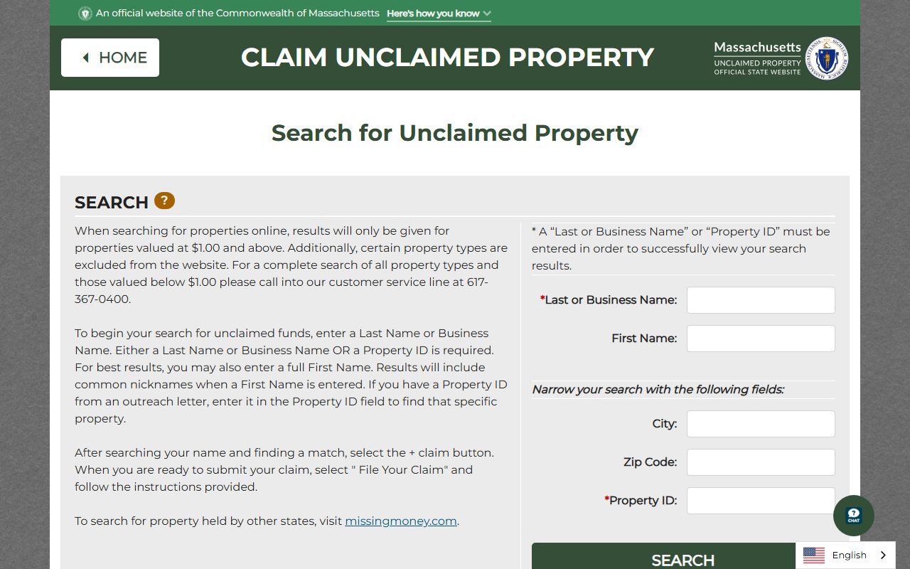 Massachusetts unclaimed money property search interface at FindMassMoney.gov