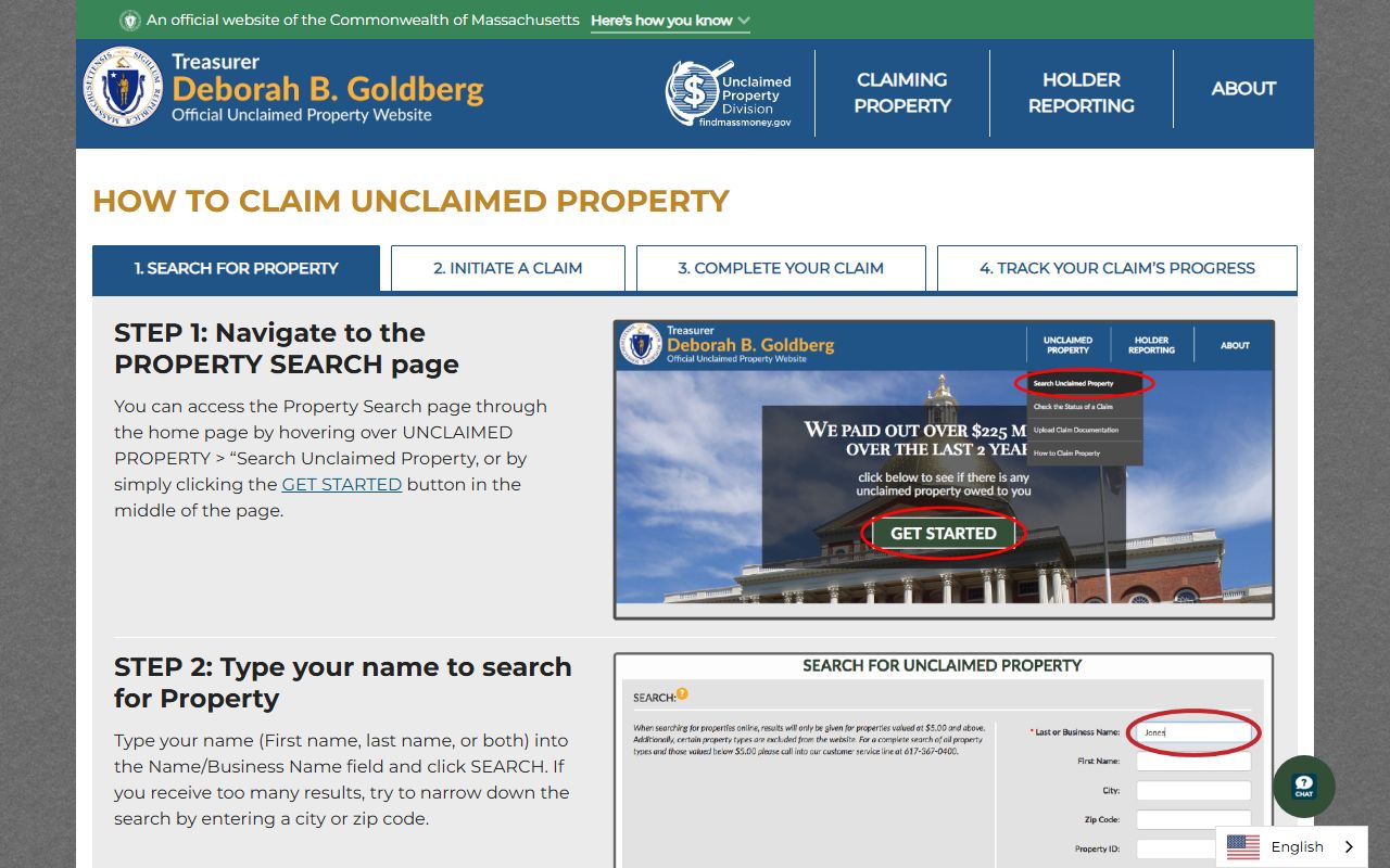 FindMassMoney.gov search instructions for Massachusetts unclaimed money claims