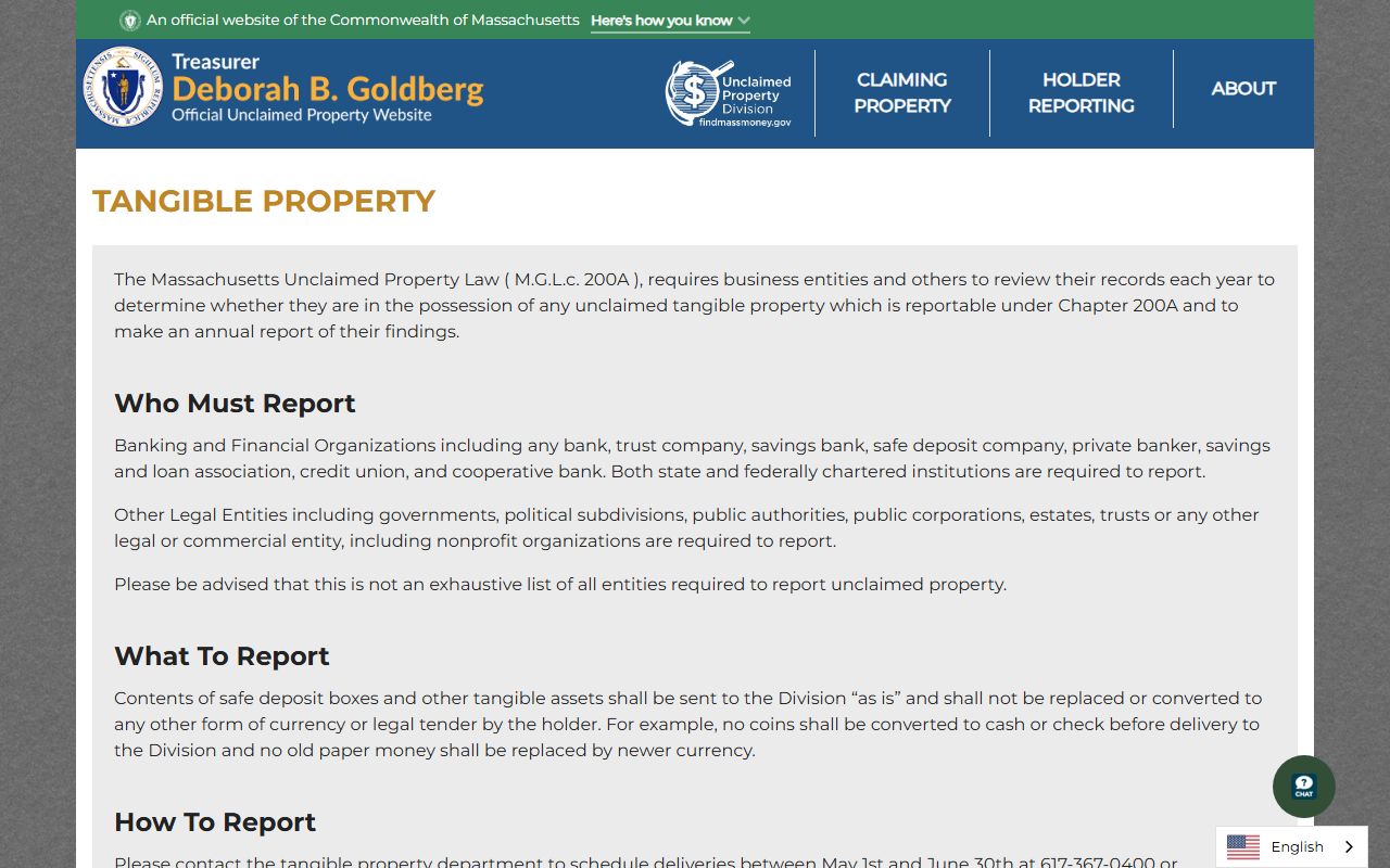 Massachusetts unclaimed tangible property page at FindMassMoney.gov